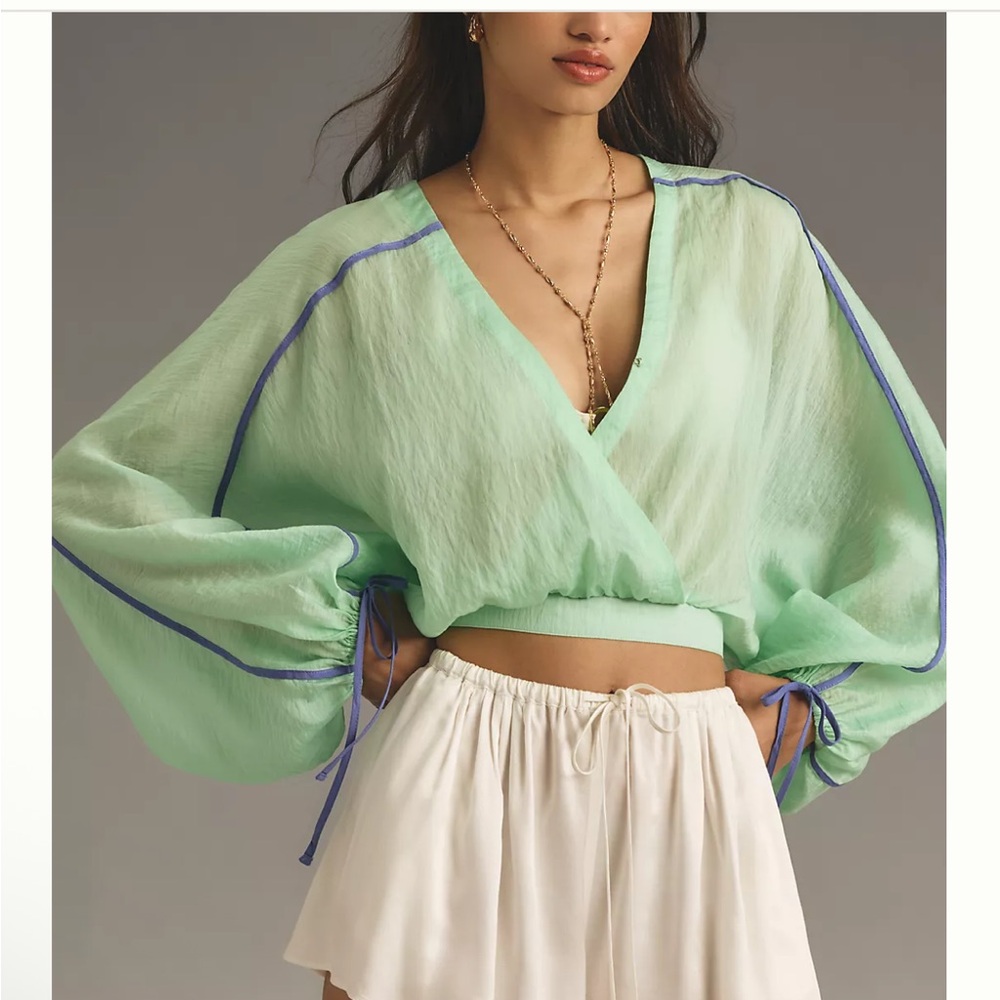 By Anthropologie Long-Sleeve Sheer Cropped Cross Over Blouse